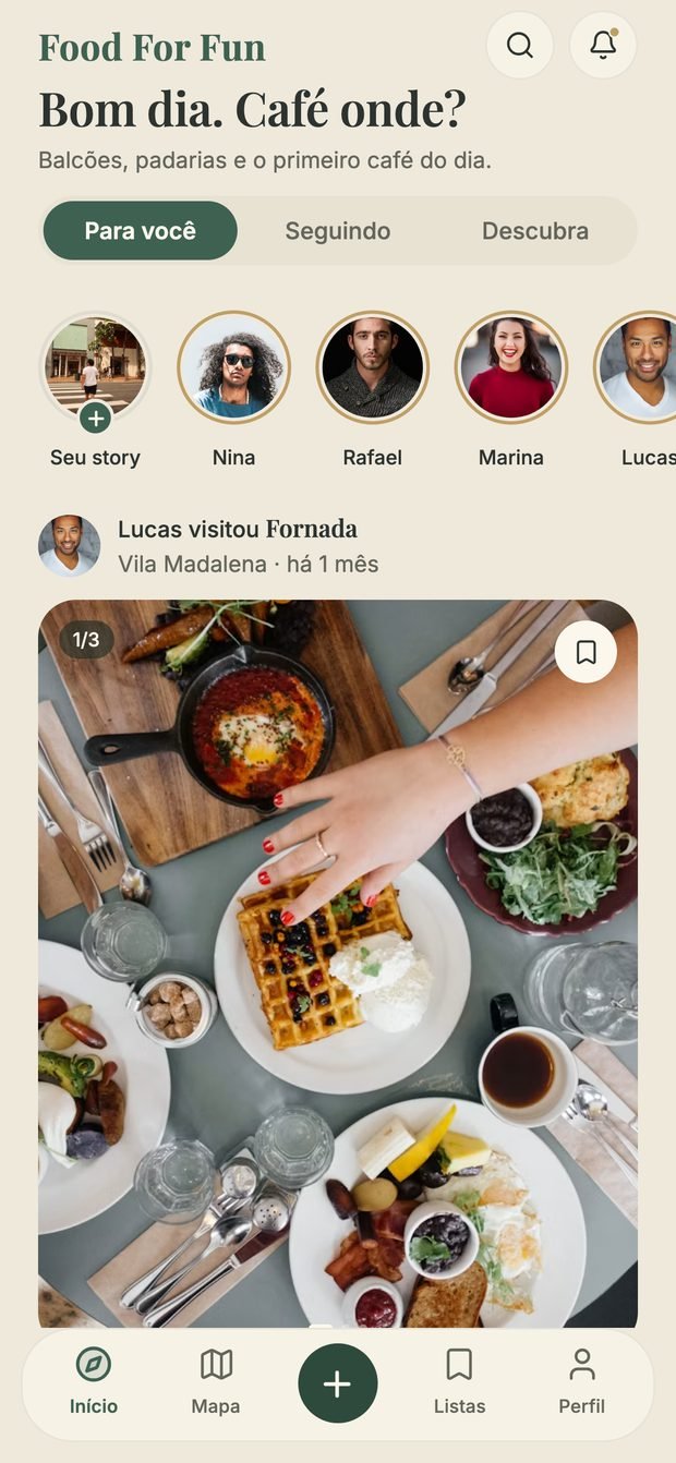 O feed do Food For Fun, com as avaliações de quem você segue